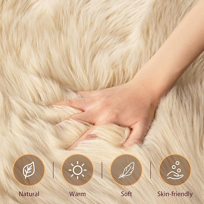 Ciicool Beige Fluffy Round Fur Area Rug for Circle Faux Fur Rugs for Kids Room, Cute Fuzzy Nursery Rug, Shaggy Circular Rugs Floor Carpets for Teens Girls Rooms Home Decor, 4 x 4 Feet