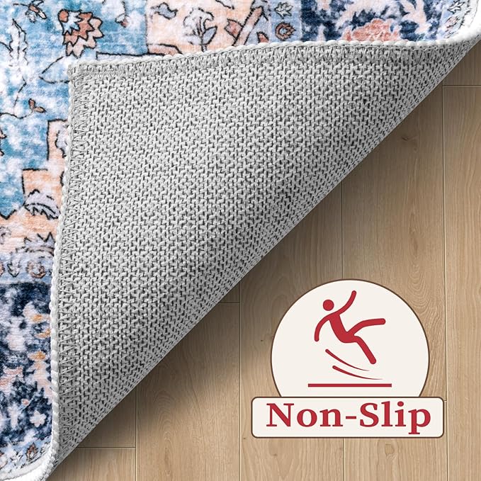 SERISSA Boho Rugs for Entryway, 2x3 Entryway Rug Non-Slip Washable Small Area Rug, Ultra Soft Oriental Vintage Low-Pile Indoor Door Mat Blue Orange Floor Carpet for Entrance Bedroom Kitchen Bathroom