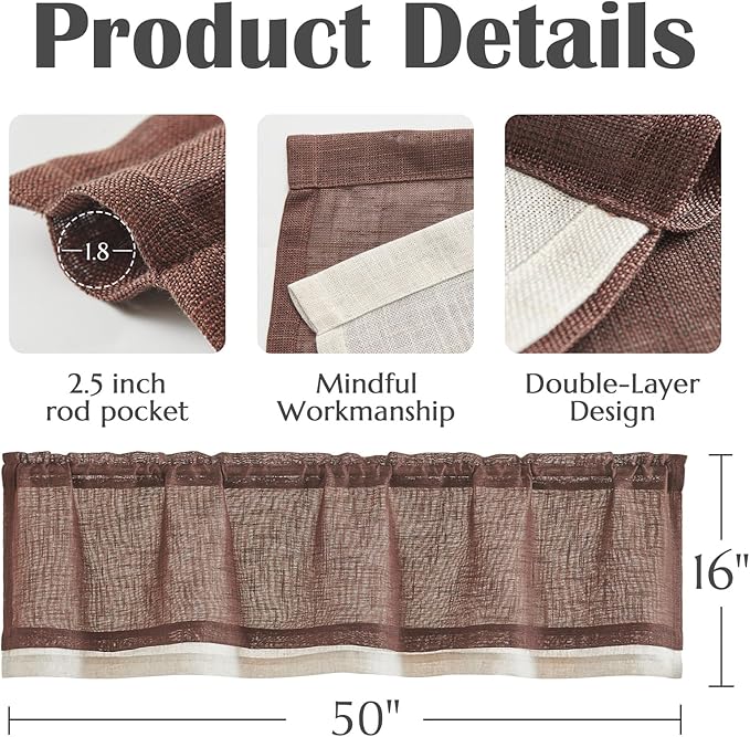 jinchan Linen Farmhouse Valances for Living Room Windows 16 Inch Slubbed Crossed Double Layer Window Valances Light Filtering Rustic Country Overlay Rod Pocket 2 Panels Brown