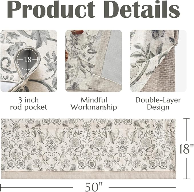 jinchan Linen Valance Kitchen Curtain Pack of 2 Double Layer 18 Inch for Living Room Bedroom Window Treatment Light Filtering Vintage Farmhouse Cottagecore Rod Pocket 2 Panels Grey on Beige