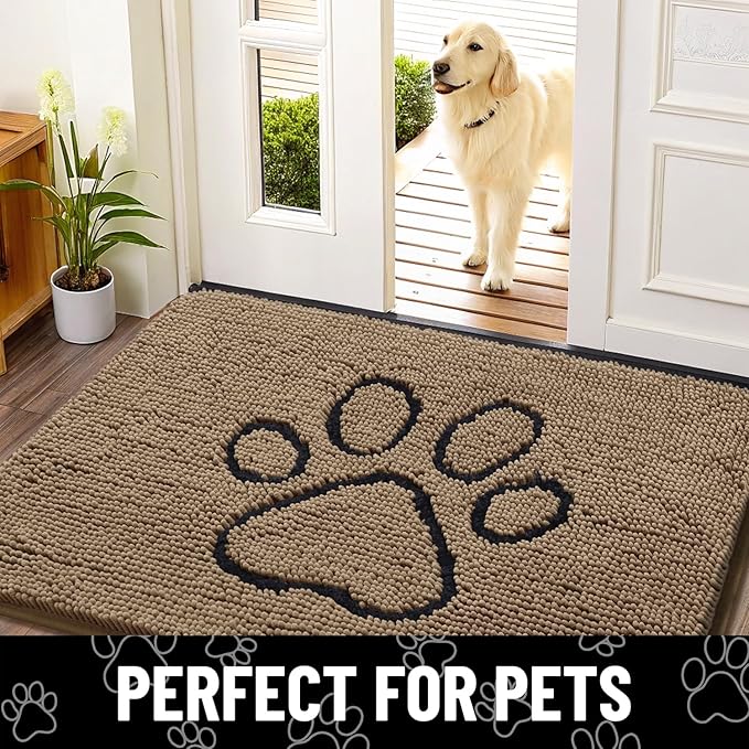 Smiry Dog Door Mat for Muddy Paws, Absorbent Dirt Trapper Non Slip Quick Dry Washable Chenille Mat for Mud Dogs, Entry Rug for Indoor and Outdoor (48x30 Inches, Camel and Black)