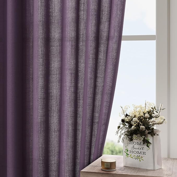 Nanspring Plum Linen Curtains 96 Inches Long 2 Panels Set for Living Room Rod Pocket Back Tab Semi Sheer Light Filtering Protect Privacy Plum Curtain for Bedroom Floor Length 52x96