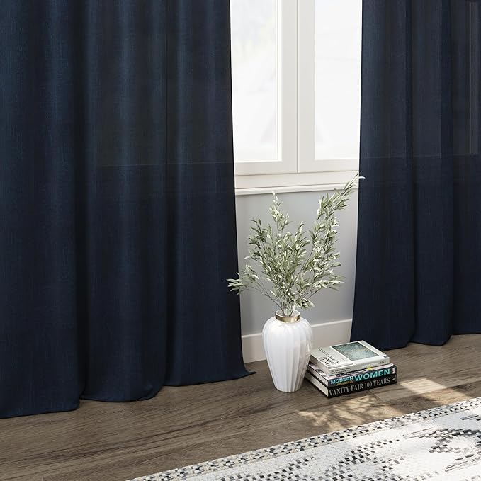 Navy Blue Curtains 84 inch Length for Bedroom Back Tab Rod Pocket Modern Nautical Farmhouse Decor Slub Linen Textured Dark Blue Semi Sheer Window Curtains 2 Panels Set for Dining Room Office Indigo