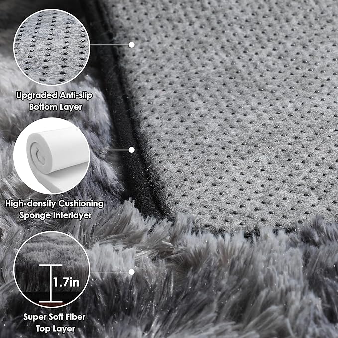 ONASAR Runner Rugs for Bedroom Living Room, Fluffy Tie-Dyed Dark Grey 2x6 Bedside Hallway Area Rug, Ultra Soft Plush Furry Faux Fur Non Slip Floor Carpet for Nursery Kids Dorm Closet Home Decor