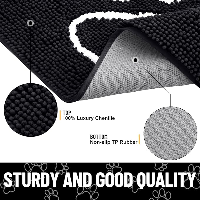 Smiry Dog Door Mat for Muddy Paws, Absorbent Dirt Trapper Non Slip Quick Dry Washable Chenille Mat for Mud Dogs, Entry Rug for Indoor and Outdoor (24x16 Inches, Black and White)