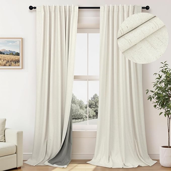Pitalk Extra Wide Curtains 60 Inches Wide for Living Room 84 Inch Length 2 Panels Thick Back Tab Pleated Cream Linen Blackout Dark Out Sliding Door Window Curtains Thermal Privacy Drapes 60x84 Long