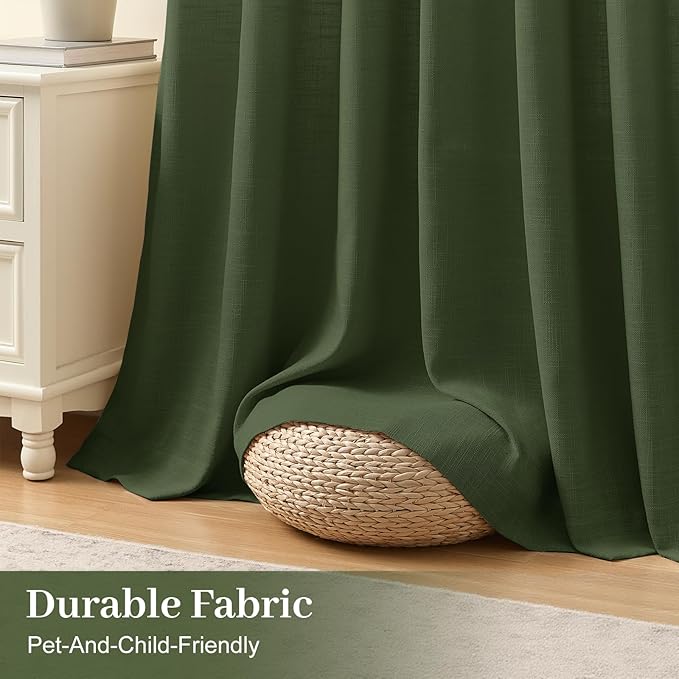 Pinch Pleated Sheer Curtains 84 Inches Long for Living Room, Linen Blend Curtain Rustic Textured Modern Light Filtering Back Tab Drapes with Hook Rings for Bedroom Office, Olive Green, W40xL84