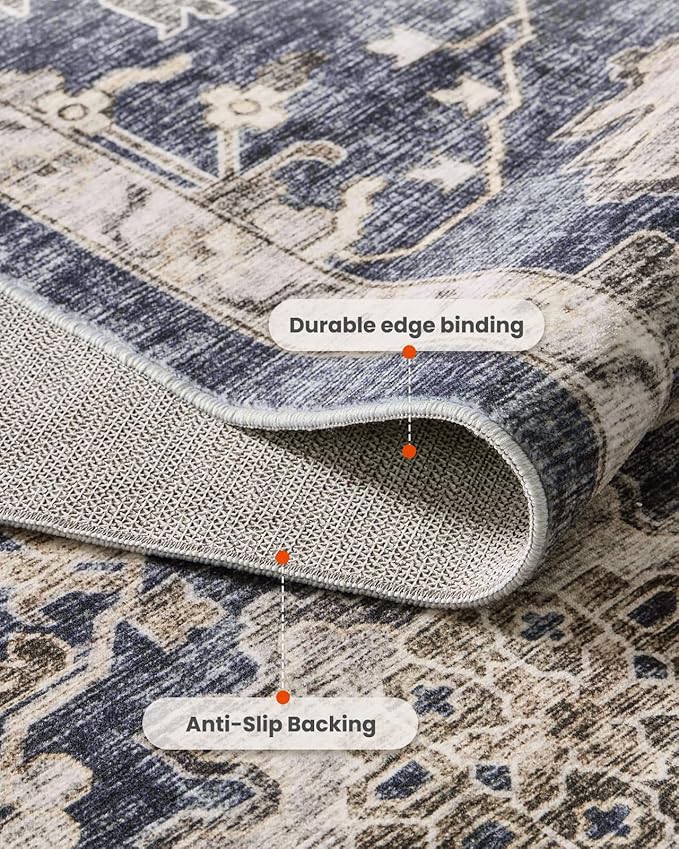 AMADA HOMEFURNISHING 2'6"x10' Washable Area Rug, Low-Profile Entryway Rug with Non-Slip Backing & Durable Edge Binding, Vintage Rug Pattern, Small Rugs for Entryway, Kitchen & Living Room