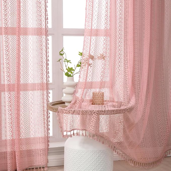 WAZZIO Boho Lace Curtains 84 Inches 2 Panel,Light Filtering Privacy Tassel & Geometry Crochet Semi Sheer Curtain Drapes for Bedroom Living Dining Room,Rod Pocket & Tassel,Light Pink