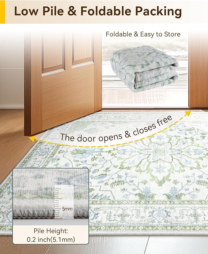 Area Rugs Round 6ft Washable Non-Slip, Floral Vintage Distress Print Pattern Medallion Carpet for Living Room Bedroom Dining Room, Green White Blue