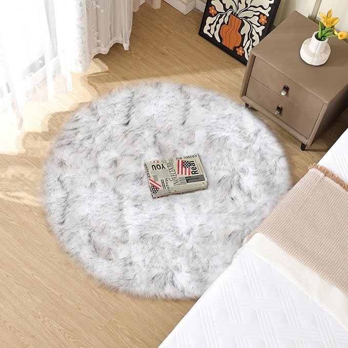 ORINOVA White and Grey Round Shag Rug 4ft Faux Sheepskin Fur Rugs for Living Room Small Circle Washable Plush Rug for Nursery Cute Room Décor