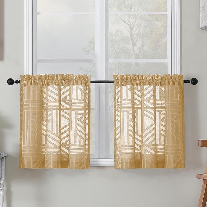 Simplebrand Sheer Gold Kitchen Curtains 24 Inch Length Tier Curtains 2 Panels, Light Filtering Geometric Jacquard Clip Textured Semi Sheer Short Window Curtains for Bathroom, 30x24 inch