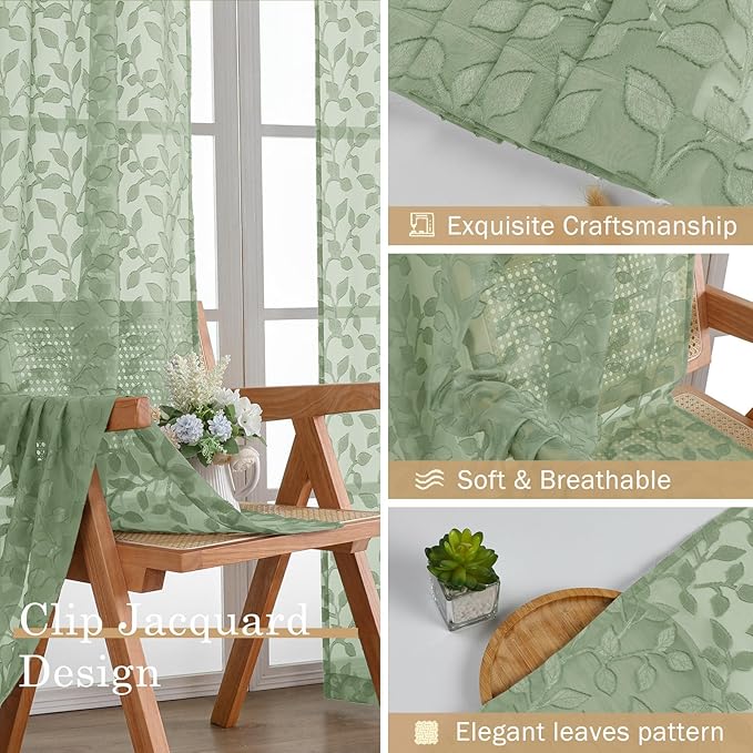 Chyhomenyc Sage Green Sheer Valances for Windows 18 Inch Length 2 Pcs, Light Filtering Leaf Textured Cafe Short Kitchen Curtains, Top Small Curtain for Living Room Bedroom Basement, 42" W x 18" L