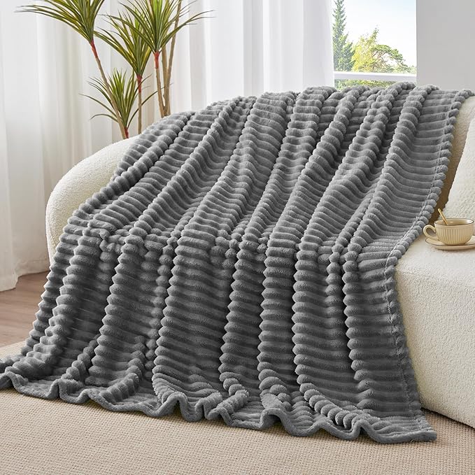 BEDELITE Twin Blanket for Couch & Bed, 300GSM Soft & Warm Fleece Blanket, Decorative and Giftable Striped Grey Blankets for Women, Men, 60"x80"