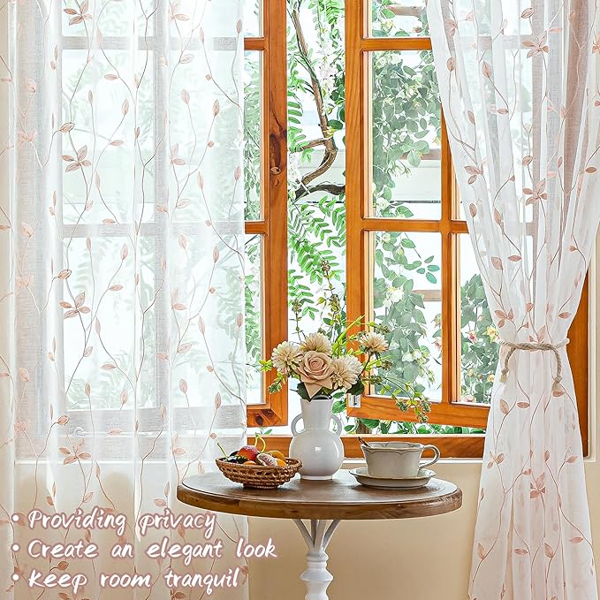 AmHoo 2 Panels Embroidered Leaf Pattern Semi Sheer Curtains Foliage Floral Voile Window Draperies Treatment for Bedroom Living Room Rod Pocket White Pink 53 x 63 Inch