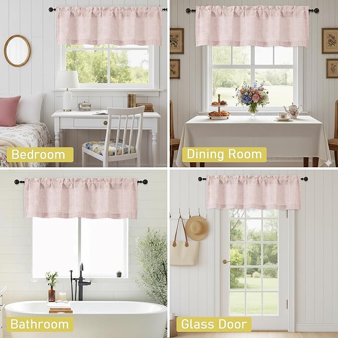 Valances for Windows, Light Filtering Faux Linen Textured Small Short Window Curtain for Bathroom Basement Farmhouse, Rod Pocket Top Half Curtains for Windows, Blush Pink 52Wx14L Inch