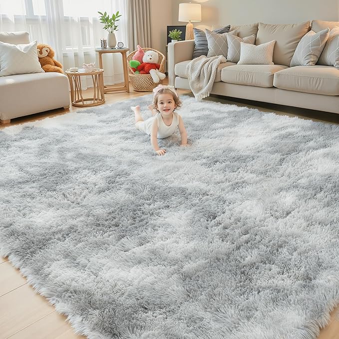 Area Rugs 10x14 Living Room, Shaggy Carpet Soft Plush Furry Bedside Rug Large Area Rugs for Bedroom Kids Girls Boys Home Decor Anti Slip(10 x 14, Light Grey Tie-Dyed)