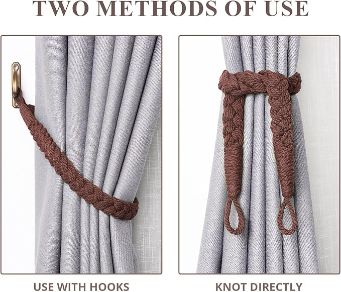 NICEEC 4 Pack Natural Cotton Rope Curtain Tiebacks Elegant Boho Style Decorative Drape Tie Backs Soft Hand-Woven Rope Curtain Holdbacks with Metal Hook for Home & Office Drapery (Coffee)