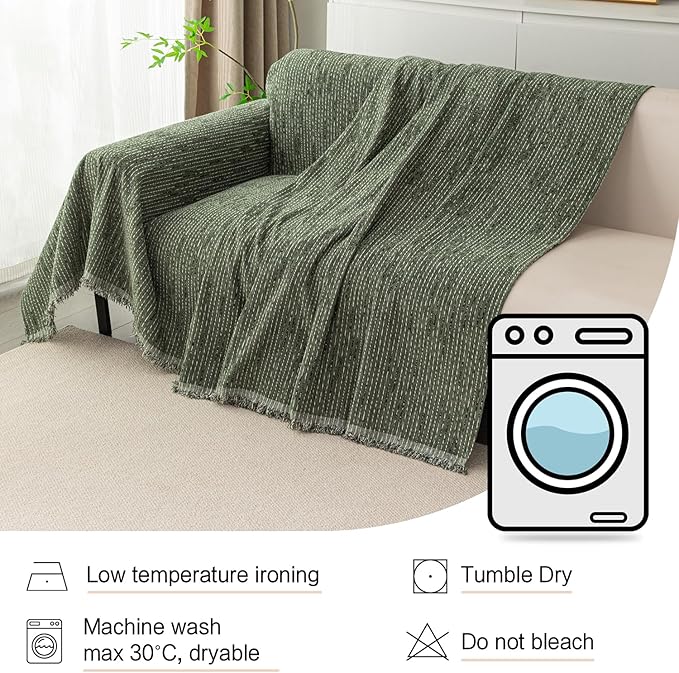 MYSKY HOME Boho Couch Cover Moss Green Sofa Covers with Tassel Farmhouse Sofa Slipcover Simple Couch Protector for Dogs Chenille Sectional Couch Covers L Shaped Couch Cushion Covers, 71"x 134"