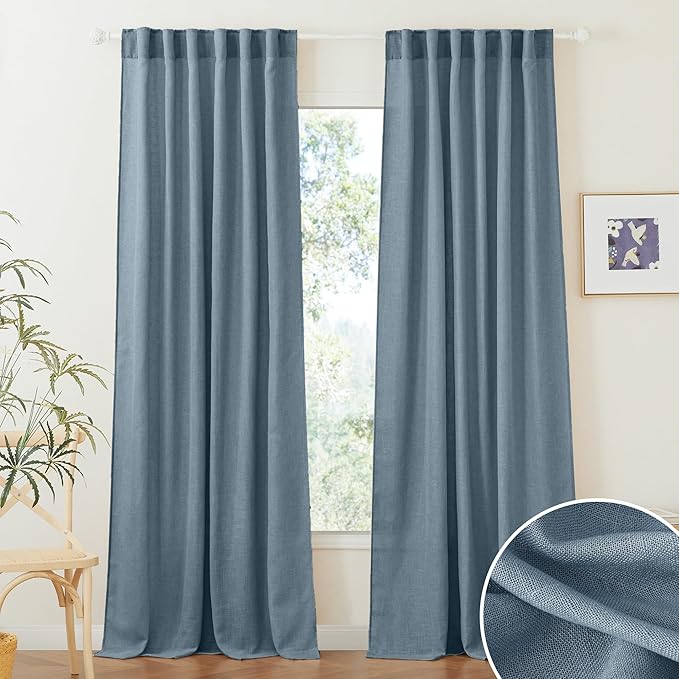 RYB HOME Long Linen Curtains 96 inches Long for Living Room, Light Airy Breathable Window Decor Drapes 2 Panels Set for Laundry Room Home Office, W 52 x L 95 inches, Stone Blue, 2 Panels