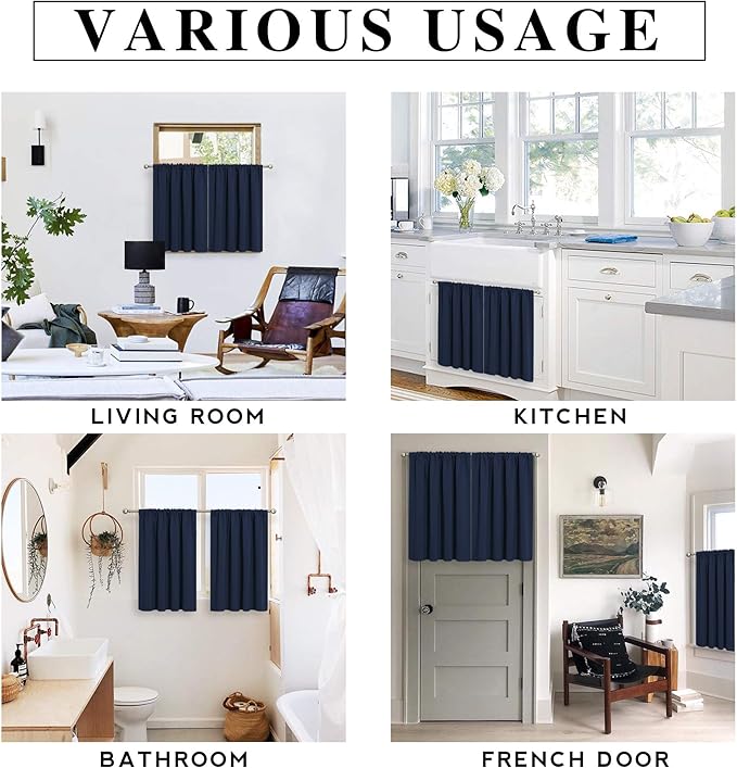 RYB HOME Short Blackout Curtains for Bedroom, Room Darkening Insulated Summer Heat Light UV Blocking Energy Saving Drapes for Nursery, Width 34 by Length 48, Navy Blue, Set of 2