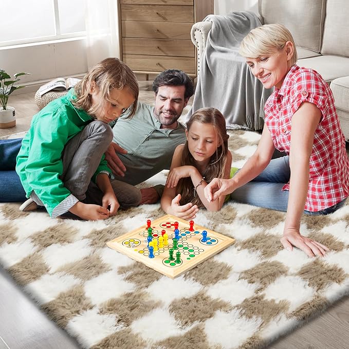 Checkered Area Rugs for Bedroom 5x8, Fluffy Beige and White Checkered Rug Fuzzy Shag Shaggy Carpets for Living Room, Soft Plush Furry Rug for Boy Girls Room Dorm Home Decor