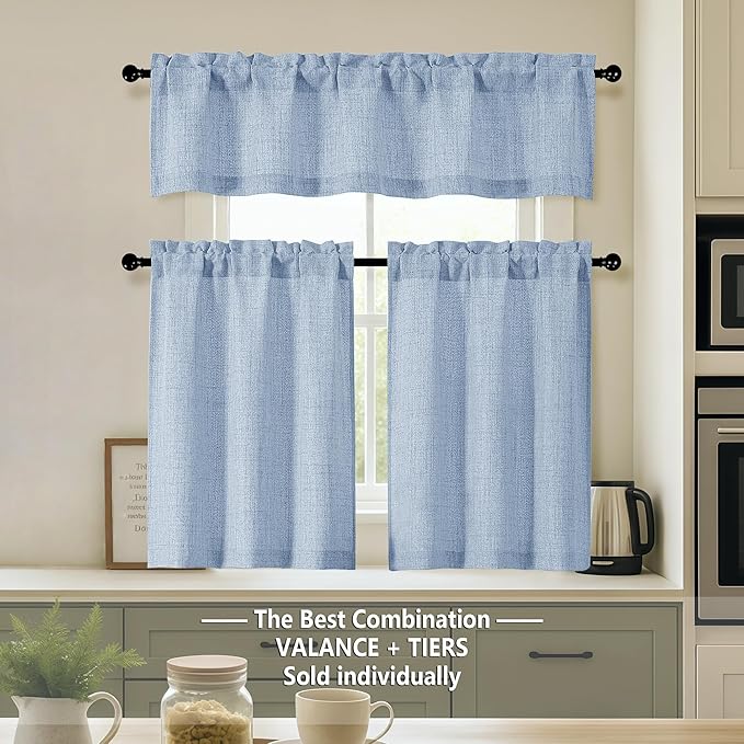 OVZME Valance for Windows, Light Filtering Faux Linen Textured Small Short Valance Kitchen Curtain, Dual Rod Pocket Top Short Window Curtain for Bathroom Basement Farmhouse, 52Wx16L Inch, Demin Blue