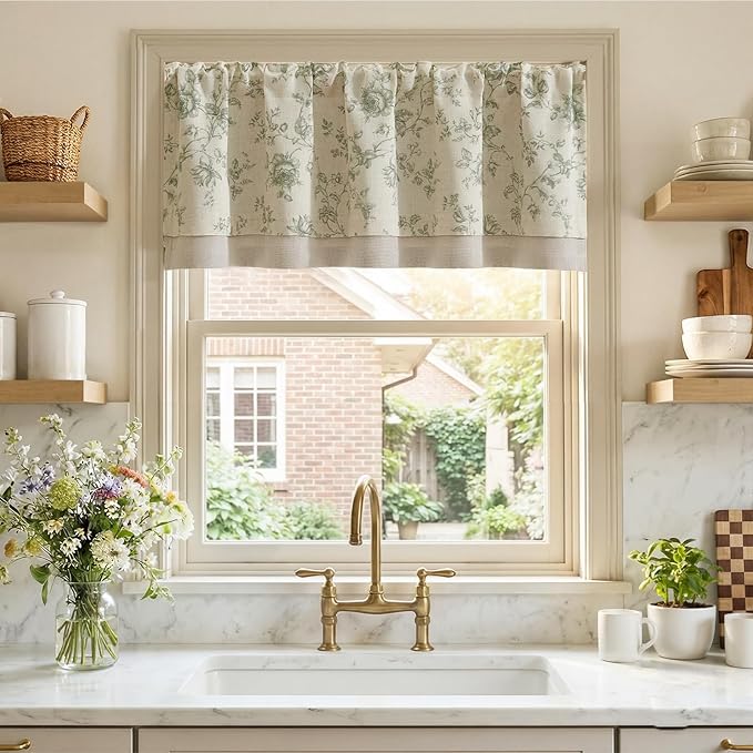 jinchan Amlie Floral Linen Valance Curtain Farmhouse Kitchen Valance for Living Room Laundry Light Filtering Double Layer Cottagecore Window Treatment Rod Pocket 1 Panel 16 Inch Sage Green on Linen