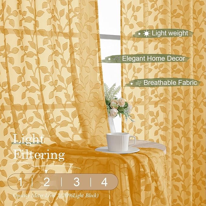 Chyhomenyc Gold Sheer Curtains 84 Inch Length 2 Panels Set, Light Filtering Tufted Textured Soft Airy Rod Pocket Gentle Leaf Window Treatment Drapes for Bedroom Living Room, 52" Wx84 L, 2PCS