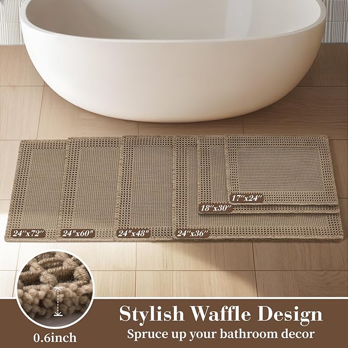 RESARE Waffle Bath Mat for Bathroom, Super Absorbent Bathroom Rugs Non Slip Machine Washable, Ultra Soft Quick Dry Boho Bath Rugs with Tassels for Floor, Upgraded Bordered Design, 18"x30" Brown