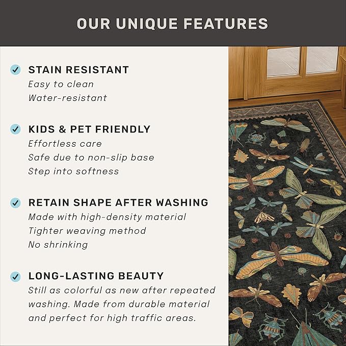 Hazo Haus Black Washable Insect Area Rugs 8x10 for Living Room, Bedroom, Dining Room Under Table, Playroom, Large Dark Whimsical Boho Indoor Rug, Ultra Soft Low Pile Non Slip