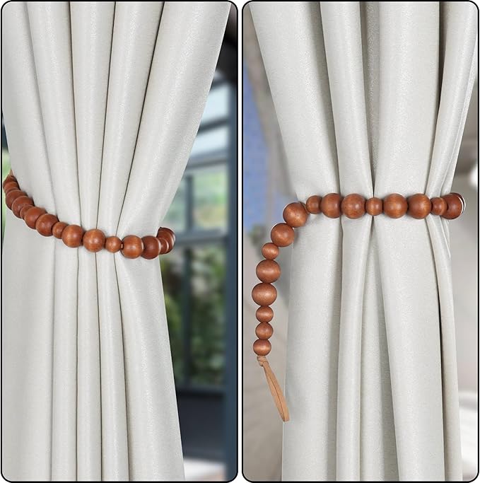 OCIOLI 2 Pieces Curtain Tieback Wood Bead Curtain Tiebacks Curtain Holdbacks for Wall Curtain Ties Window Treatment Curtain Tie Backs with Hooks Curtain Pull Backs (Coffee,2)
