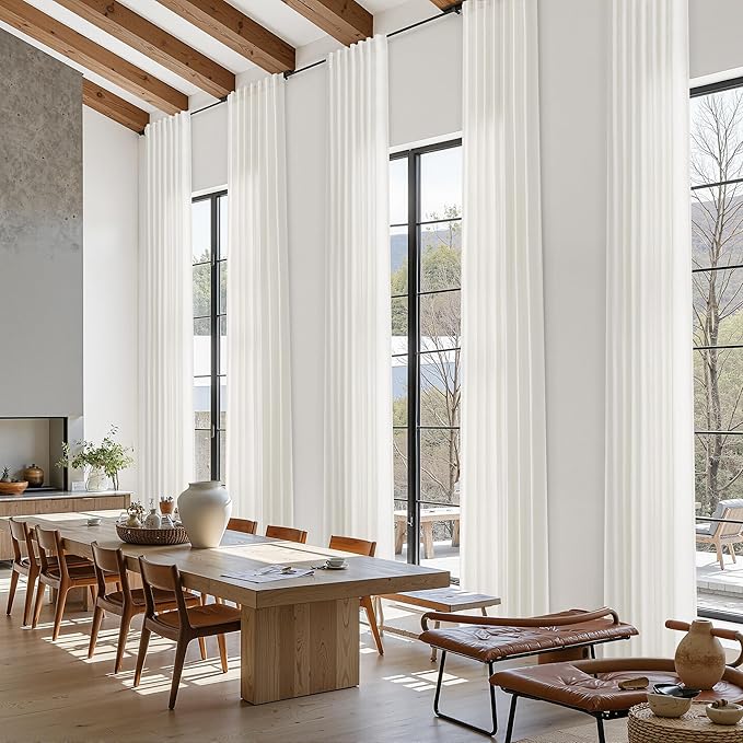 Extra Long Beige White Linen Curtains 144 Inch for Living Room 2 Panels Set Rod Pocket Back Tab Light Filtering Semi Sheer Curtain Privacy Floor to Ceiling High Ceiling Drapes for Farmhouse 52x144