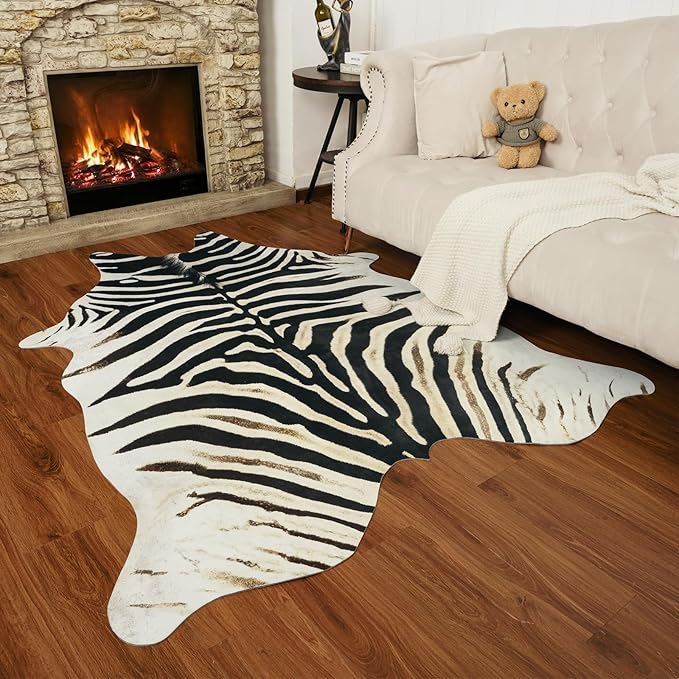 AROGAN Western Faux Fur Zebra Rug, 4.6 x 5.2 Feet Premium Animal Skin Print Rug, Sturdy Faux Zebra Hide Rugs for Wall Decor, Western Floor Carpet for Bedroom Living Room, Black and White