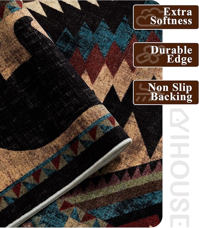 YIHOUSE Rustic Cabin Area Rug for Bedroom 5x7,Machine Washable Lodge Bear Rug,Non-Slip Low Pile Print Pattern Western Rug for Living Room