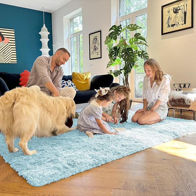 OLANLY Area Rugs for Living Room Bedroom, Machine Washable 4x5.9 ft Soft Fluffy Shaggy Bedside Rug, Indoor Floor Carpet for Kids Girls and Boys, Dorms, Nursery Rooms, Home Decor Aesthetic, Light Blue