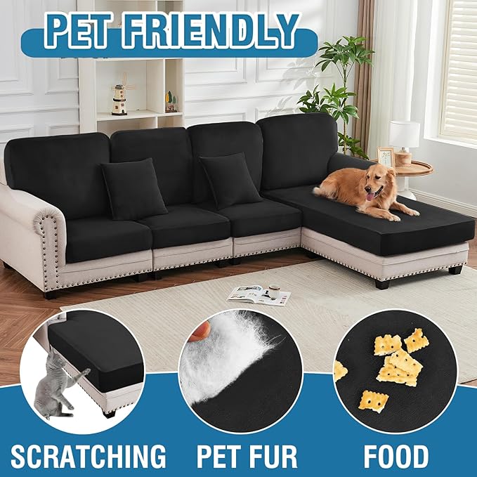 Couch Cover 3-Piece Elastic Velvet Couch Cushion Covers & Chaise Slipcovers for L-Shaped Sofas, Sofa Seat Covers Washable, Soft Cover for Couches (2 Seater + Chaise, Black)