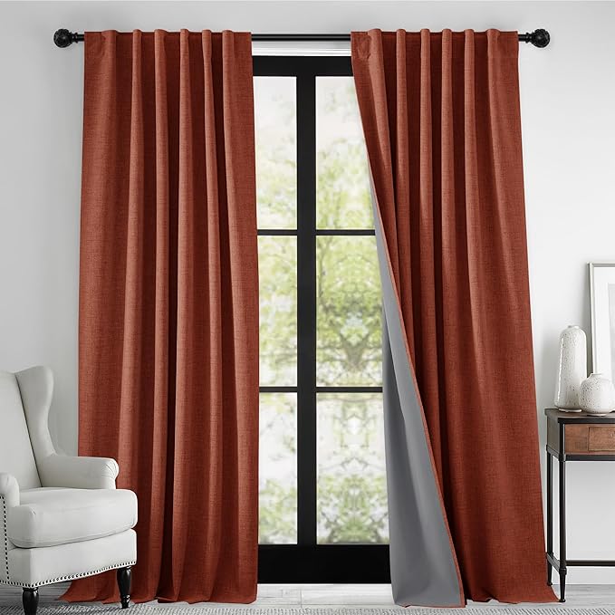 RYB HOME 100% Blackout Linen Textured Curtains 90 inches Long, Insulating Privacy Energy Saving for Bedroom Living Room Window Office Theater Dining Nursery, W 52 x L 90 in, Terracotta, 2 Panels