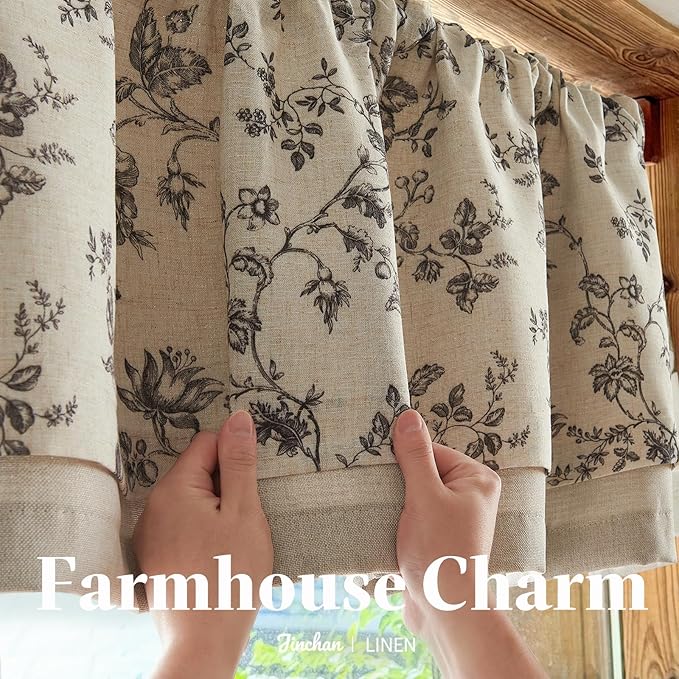jinchan Amlie Floral Linen Valance Curtain Farmhouse Kitchen Valance for Living Room Laundry Light Filtering Double Layer Cottagecore Window Treatment Rod Pocket 1 Panel 16 Inch Charcoal on Linen