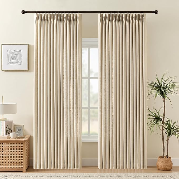 IVAPUPU Pinch Pleated Curtains 90 Inch Length 2 Panels for Living Room, Semi Sheer Pleated Curtain with Hooks Rings Memory Trained Light Filtering Back Tab Window Drapes for Bedroom, 40W, Sand Beige