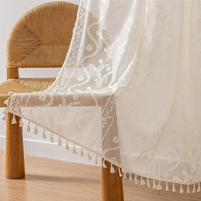 WAZZIO Boho Lace Curtains 2 Panels 80 Inches -Cute Vintage Victorian Sheer Panel Drape French Country Floral Pattern & Tassel Light Filtering Privacy for Bedroom Dining Living Room,Beige,W52x L80