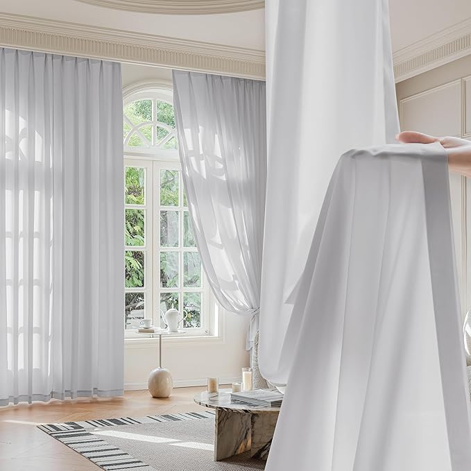 FMFUNCTEX Sheer Non-See-Through Grey Curtains for Bedroom, Faux Silk that Let Light Curtains 96 inches Long Light Filtering Privacy Sheer Window Drapes for Living Room, Rod Pocket 2 Panels Set