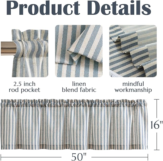 jinchan Valance Curtain Linen Textured Striped Window Curtain for Living Room Light Filtering Farmhouse Valance for Kitchen Rod Pocket 1 Panel 16 Inch Blue on Linen 1 Panel