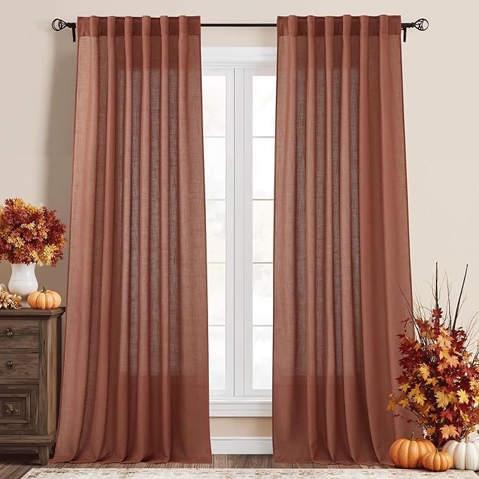 RYB HOME Flax Linen Blend Curtains 90 inches Long for Dining Room, Semi Translucent Wrinkle Resistance Washable Sheer for Laundry Room Bathroom, W 52 x L 90 inches, Terracotta, 2 Panels