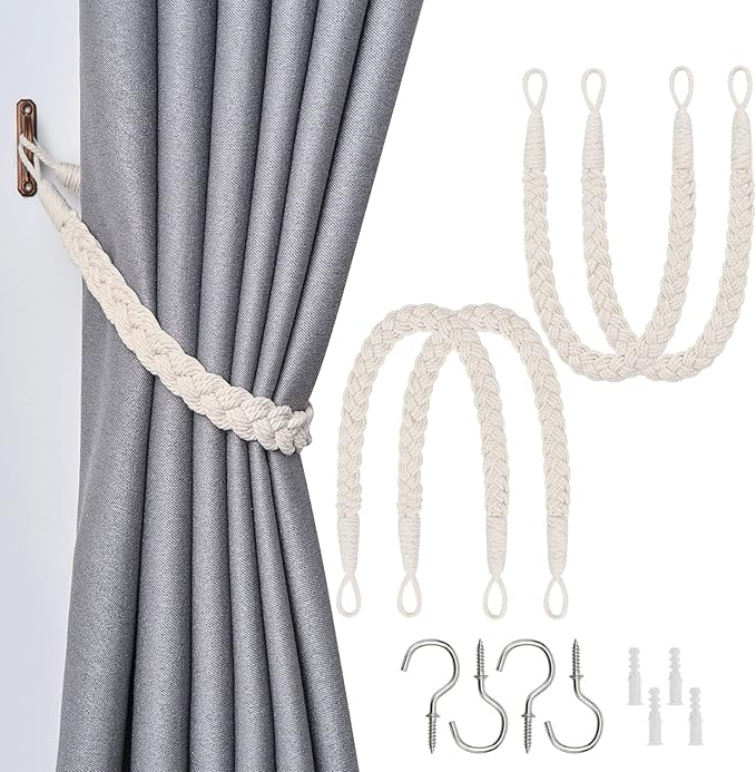 NICEEC 4 Pack Natural Cotton Rope Curtain Tiebacks Elegant Boho Style Decorative Drape Tie Backs Soft Hand-Woven Rope Curtain Holdbacks with Metal Hook for Home & Office Drapery (Beige)