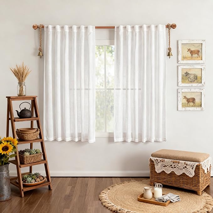 MYSKY HOME Short Curtains for Bedroom Small Windows, Light Filtering Sheer Drapes Kitchen Bathroom Panels Set Boho Decor Country Style, Light Filtering Privacy Protect, 50x54, White, 2 Pieces