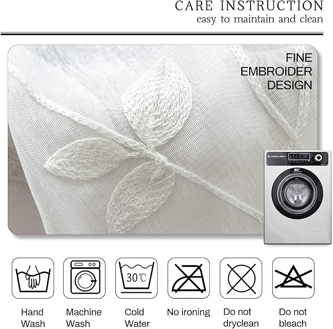 AmHoo 2 Panels Embroidered Leaf Pattern Semi Sheer Curtains Foliage Floral Voile Window Draperies Treatment for Bedroom Living Room Rod Pocket White 53 x 95 Inch