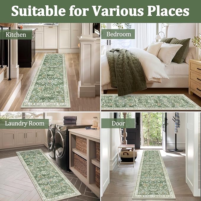 Yamaziot Washable Runner Rug 3x6 – Floral Non Slip Boho Hallway Runner Rug with Rubber Backing, Low Pile Faux Wool Distressed Carpet for Kitchen, Laundry, Bedroom, Entrance, Green