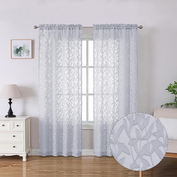 Lecloud Leia Light Grey Sheer Curtains 72 Inch Length 2 Panels, Airy & Breathable Clip Textured Leaf Voile Bedroom Living Room Curtains, Dual Rod Pockets Jacquard Gauzy Window Drapes, 40 W x 72 L