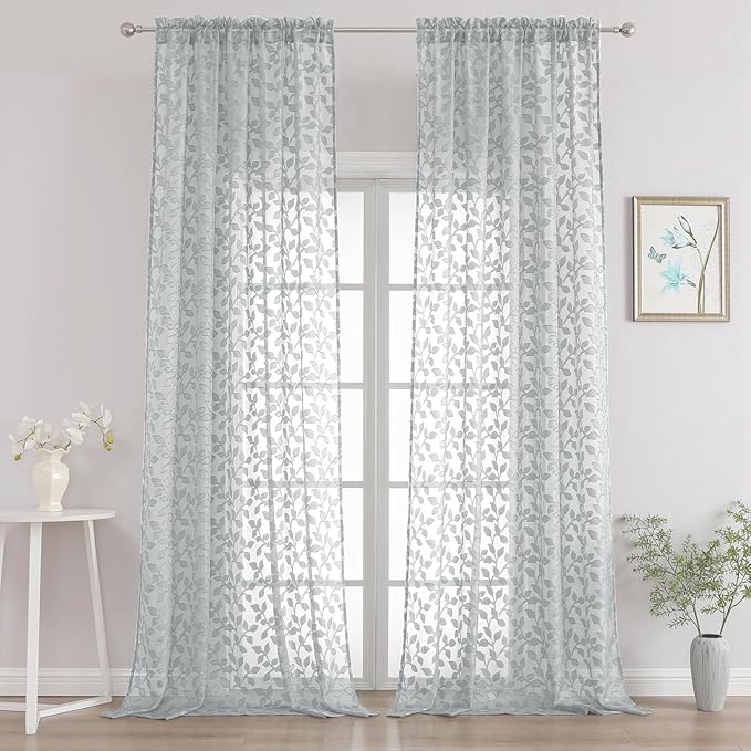 Chyhomenyc Extra Long Light Grey Sheer Curtains 108 Inch Length 2 Panels Set, Light Filtering Tufted Textured Soft Airy Rod Pocket Leaf Window Treatment Drapes for Living Room, 52" Wx108 L, 2PCS